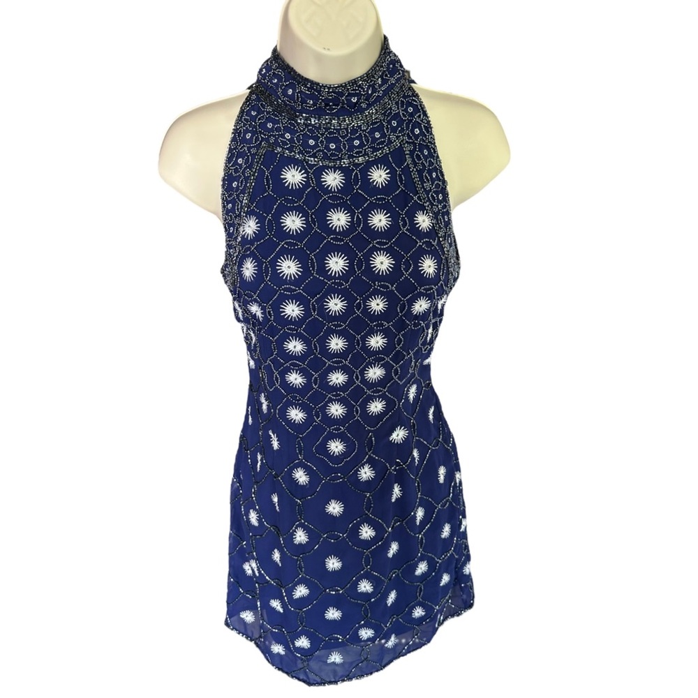 Royal Blue & White Beaded Mock Neck Mini Dress